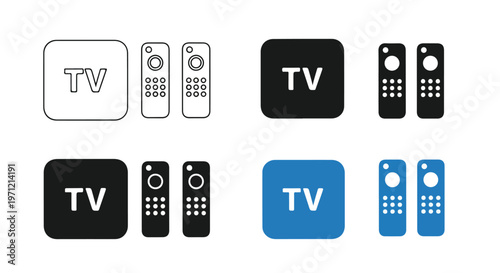 Collection of television remote controls and TV icons in various styles and colors for modern media interfaces