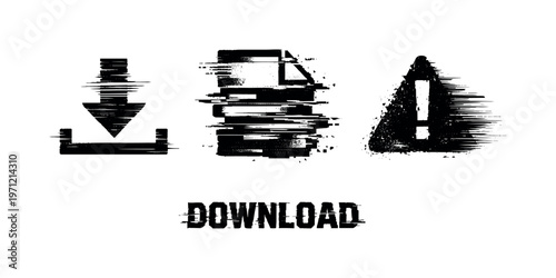 Download error and file failure theme, a set of 3 glitch-distorted monochrome objects placed on a perfectly clean white background