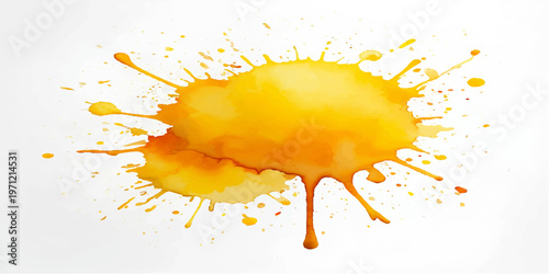 An artistic vector illustration of a colorful orange paint splash and ink blot with a grunge watercolor texture, featuring a liquid splatter design and yellow drip element as a decorative stain