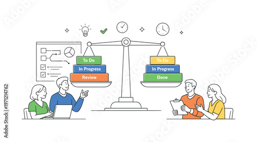 A clear workflow capacity balancing scenario where a team distributes tasks evenly across stages to avoid overload during a planning session, centered