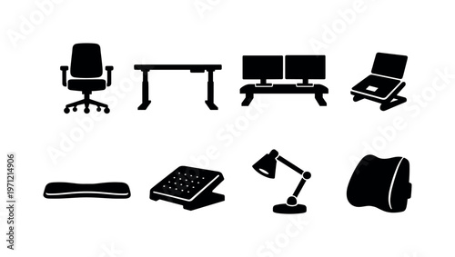 Home office ergonomics: ergonomic chair, adjustable desk, monitor stand, laptop riser, wrist rest, footrest, desk lamp, posture support cushion