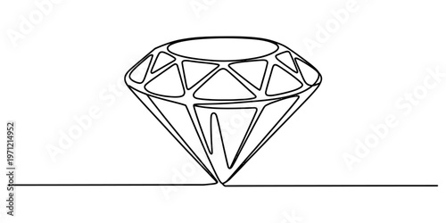 Minimalist continuous single line drawing of a brilliant cut diamond gemstone on white background