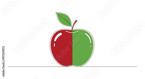 A stylized apple with a split color design, red and green on white background