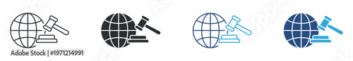 Global Law Icon Set, Justice and Legal Regulation Symbols, International Law and Court Hammer Icons, Vector Illustration