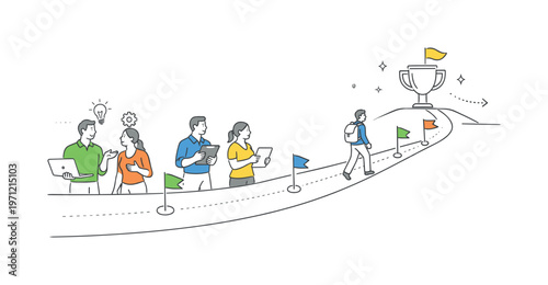 A structured continuous progress scenario where a team advances steadily through defined stages toward a final objective without interruption, built