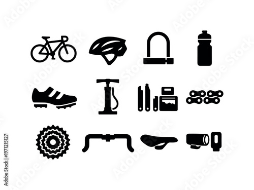 Cycling and bike gear: bicycle, helmet, bike lock, water bottle, cycling shoes, pump, repair kit, chain, gear cassette, handlebars, saddle, bike light
