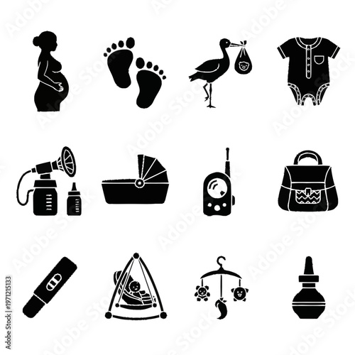 Baby newborn care items vector illustration with balanced shapes and modern illustrative charm, ideal for brochures, presentations, websites, and branding