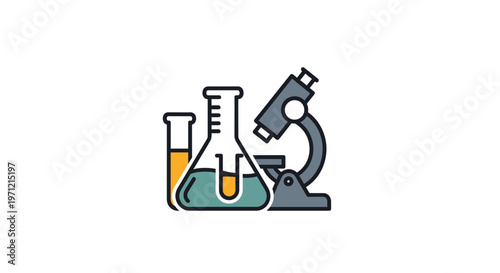 Illustrated scientific equipment including a microscope, flasks, and a test tube displayed
