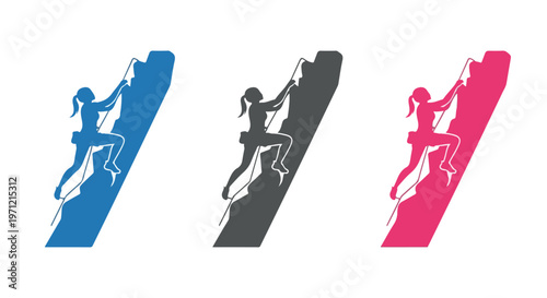 Silhouetted female climbers scaling steep rock faces in dynamic poses, representing adventure and sport