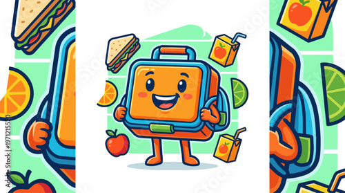 Cartoon lunchbox with food items.