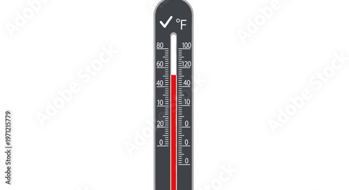 Thermometer illustration displaying temperature readings and weather metrics in fahrenheit format