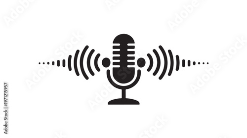 Microphone Icon with Sound Waves for Podcast Logo and Audio Technology Broadcast Design