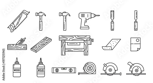 A collection of woodworking tools and materials, including hammers, saws, drills, chisels, planes, glue, and a workbench, in a line art style.