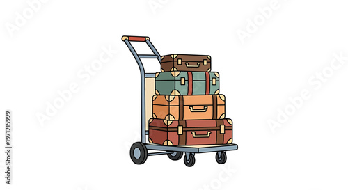 A vintage-style luggage cart loaded with multiple stacked suitcases, ready for travel and transport.