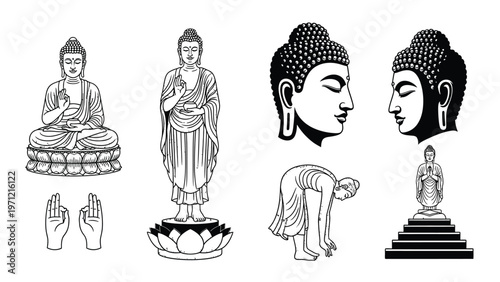 Set of buddha figures and symbols including statues, heads, hands in mudra, and a bowing monk, line art and silhouette.