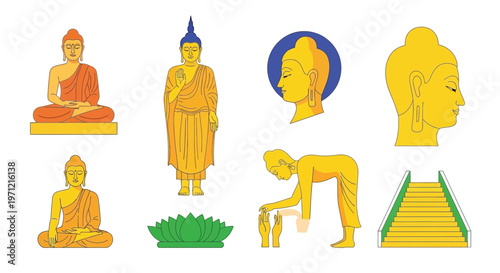 Set of colorful flat design illustrations of Buddha statues lotus flowers and stairs.