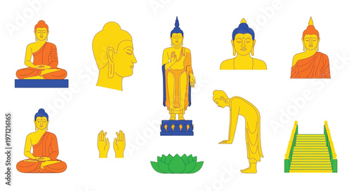 Colorful flat design illustrations of Buddha statues lotus flowers and stairs.