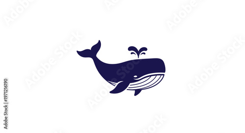 Minimalist navy whale illustration with water spout against a pristine white backdrop