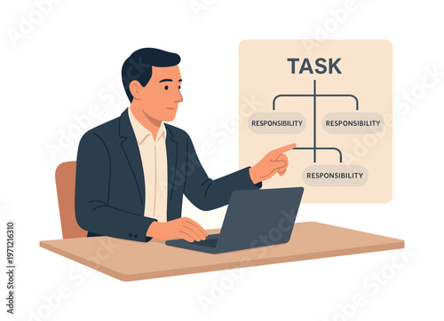 A professional structuring a clean task delegation process during a focused work session, sitting at a desk with a laptop while assigning