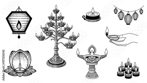 Decorative ritual lamps and hanging lanterns collection for traditional holiday design.