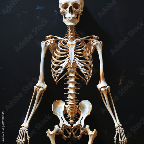 Human skeleton full body standing front view on dark textured background, medical anatomy education, dramatic studio lighting, centered composition, copy space, no text