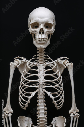Human skeleton full body standing front view on dark textured background, medical anatomy education, dramatic studio lighting, centered composition, copy space, no text
