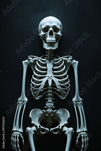 Human skeleton full body standing front view on dark textured background, medical anatomy education, dramatic studio lighting, centered composition, copy space, no text
