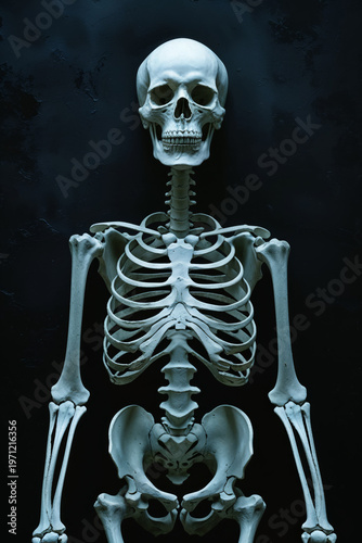Human skeleton full body standing front view on dark textured background, medical anatomy education, dramatic studio lighting, centered composition, copy space, no text