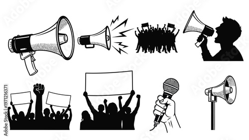 Public protest and demonstration silhouette collection with megaphones and crowd activism elements.