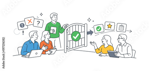 A clear workflow entry control scenario where a team manages which tasks are allowed into a process during a planning session, centered around a