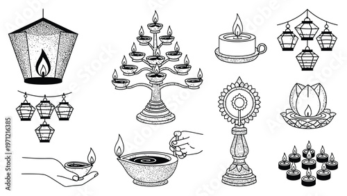 Traditional oil lamps and festival lanterns set in black and white line art style.