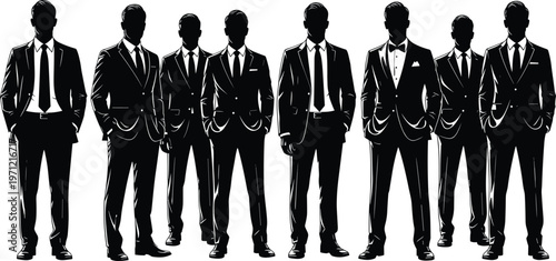 Collection of male business professionals in sharp black suit silhouettes standing together suits formal