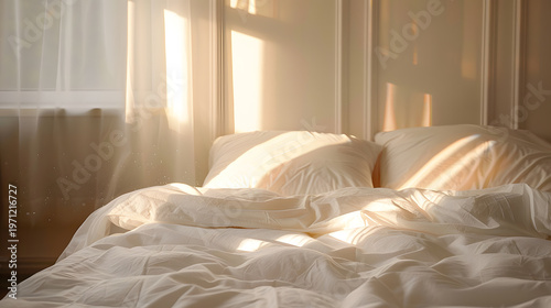 Bed in bedroom with white linen sunny light summer mood