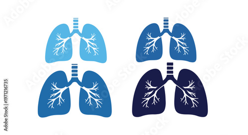 Set of four stylized human lungs in shades of blue and dark blue, representing respiratory health and medical concepts