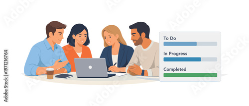 A team reviewing project progress during a structured check-in meeting, gathered around a laptop with a simple progress bar panel placed beside it