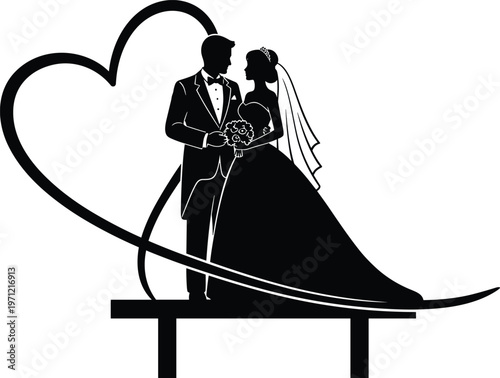 Elegant Wedding Cake Topper Silhouette of Bride and Groom within a Heart Frame couple