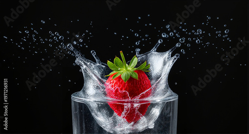 Fresh Strawberry Falling Into Water Splash With Droplets on Dark Background