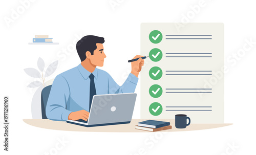A professional reviewing a structured checklist before completing a task, sitting at a desk with a laptop while confirming items on a simple verified