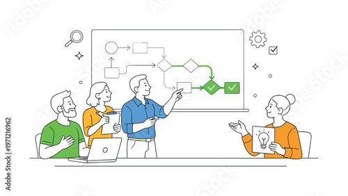 A business process optimization scenario where a team refines workflows and removes inefficiencies during a collaborative review session, centered