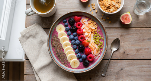 Colourful Healthy Smoothie Bowl With Berries Banana and Granola Top View