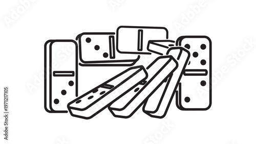 Falling Domino Tiles Illustration: Vector Line Art of Dominos in Motion with Chain Reaction Effect, Minimalist Tabletop Game Pieces for Leisure, Strategy, and Business Metaphor Graphic Design