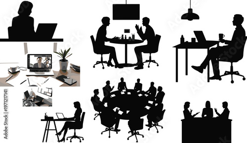 Silhouettes of People in Various Office and Meeting Scenarios Keywords: office, meeting, business, teamwork, collaboration, discussion