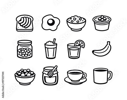 Healthy breakfast: avocado toast, fried egg, oatmeal bowl, yogurt cup, granola jar, smoothie glass, orange juice, banana, berries bowl, honey jar, tea