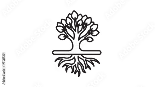 Tree with Deep Roots Concept Illustration: Minimalist Vector Line Art of a Deciduous Tree with Ground Line and Visible Root System, Symbolic Graphic for Growth, Stability, Nature, and Ancestry Design