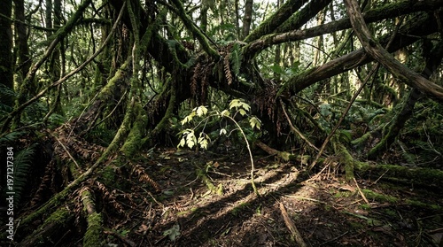 Dense forest undergrowth entirely suffocating a small sapling effectively illustrates the overwhelming pressure of societal expectations.