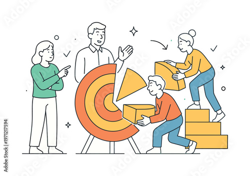 A goal decomposition and step by step execution scene showing a small team breaking down objectives around a large target and segmented blocks, using