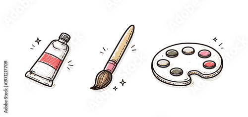 Art supplies theme  a horizontal row of 3 related hand-drawn objects on a white background: a small paint tube with a tiny red label, a simple