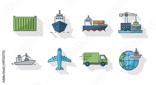 Global Logistics Icons: Shipping, Air Cargo, Trucking, and Ports