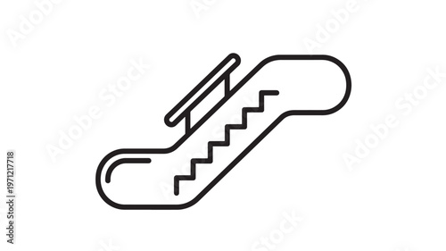 A simple black line drawing of an escalator on a white background, representing transportation or movement in a minimalist style, useful for design, architecture, or business concepts.
