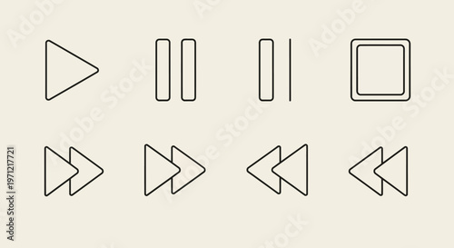 Set of outline media player icons: play, pause, stop, skip, rewind